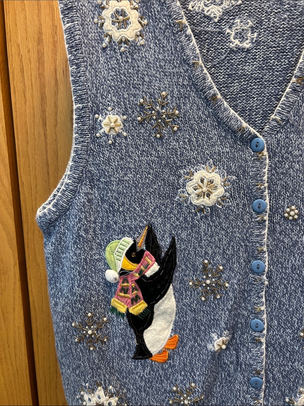 Blue Holiday Penguin Knit Vest. Size 1X. - Picture 2 of 6